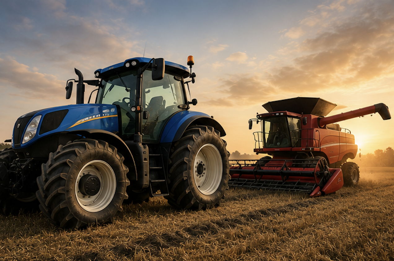 Tractor y cosechadora trabajando en el campo