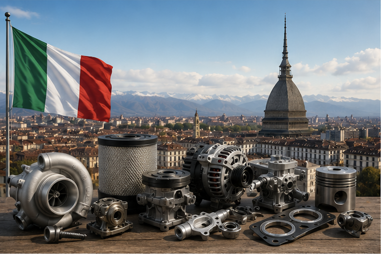 Componentes de motor italianos con el horizonte de Turín y la bandera italiana